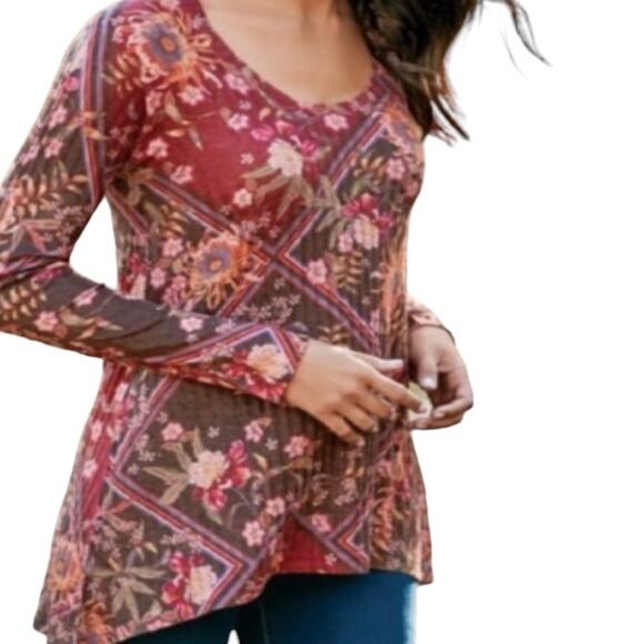 Soft Surroundings Alisanna Ribbed Floral Tunic Top Burgundy Gold Fall MEDIUM - Picture 1 of 8